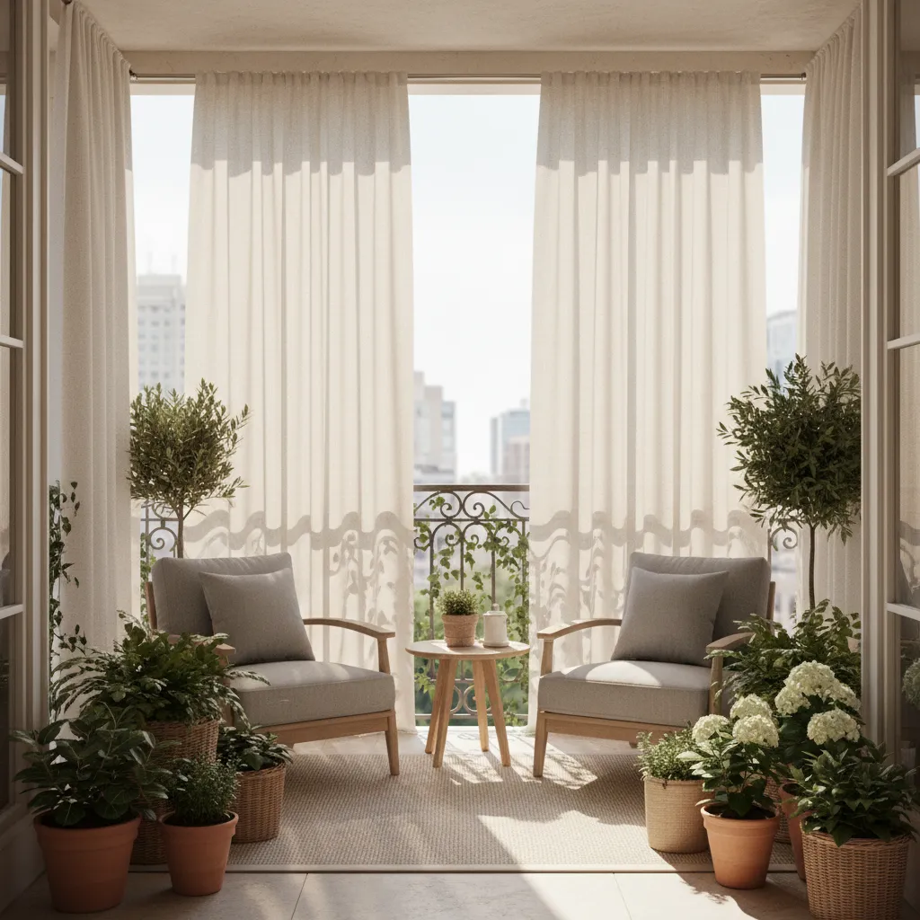 Balcony garden with light colored outdoor curtains creating filtered shade
