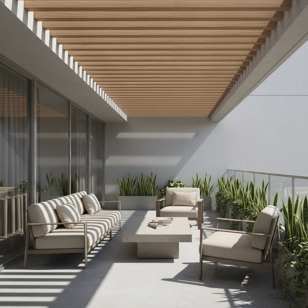 Modern balcony pergola cover providing partial shade