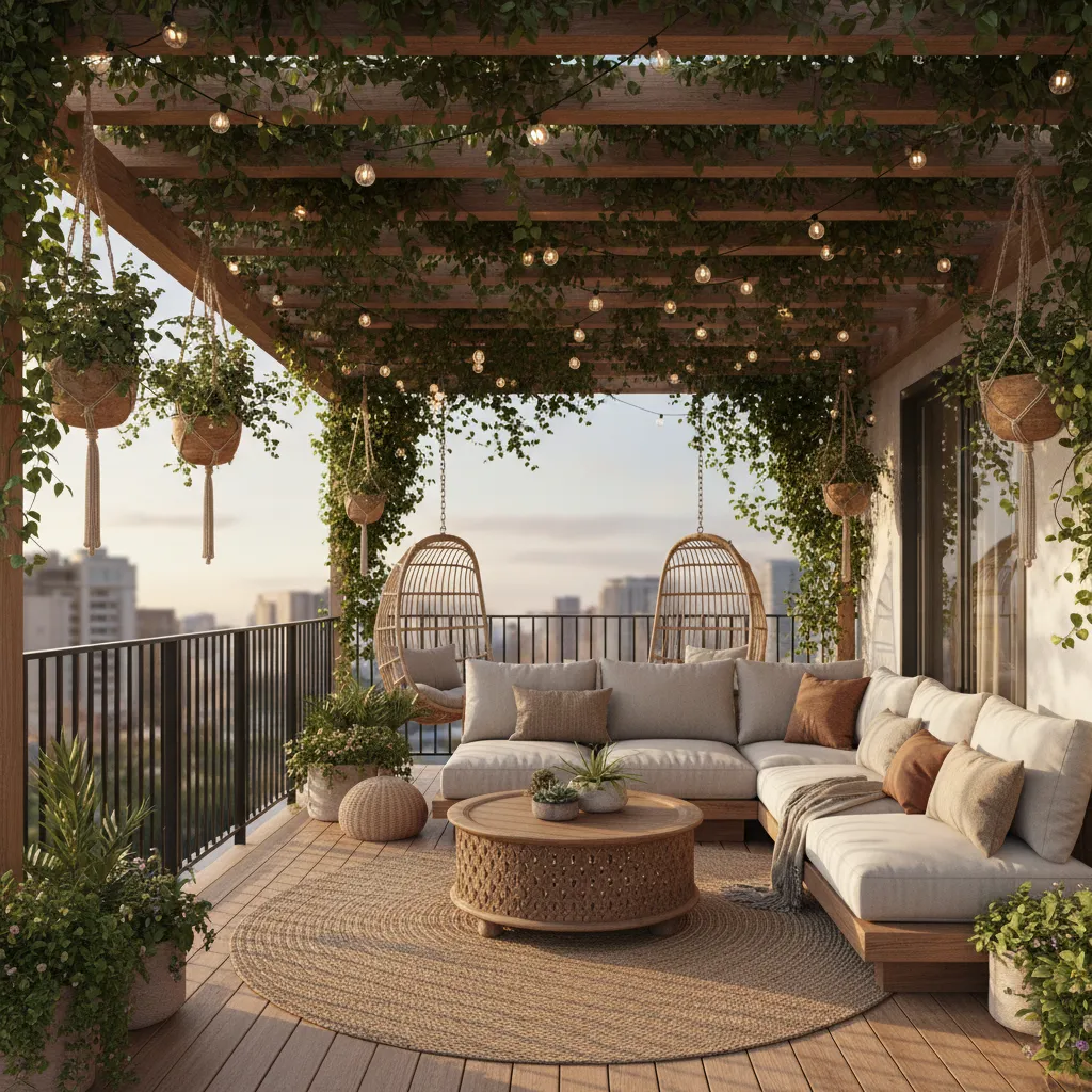 Wood pergola balcony roof with climbing plants and outdoor seating