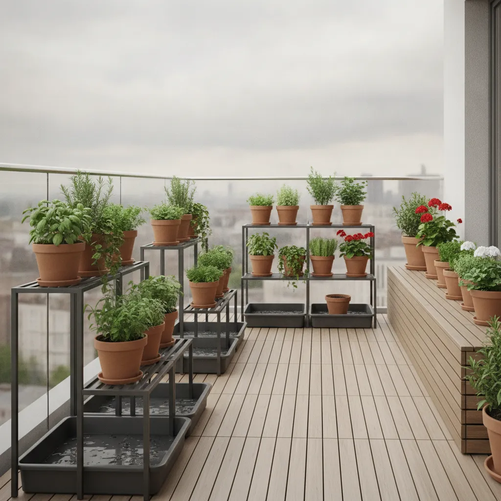 balcony plants raised on stands with proper drainage
