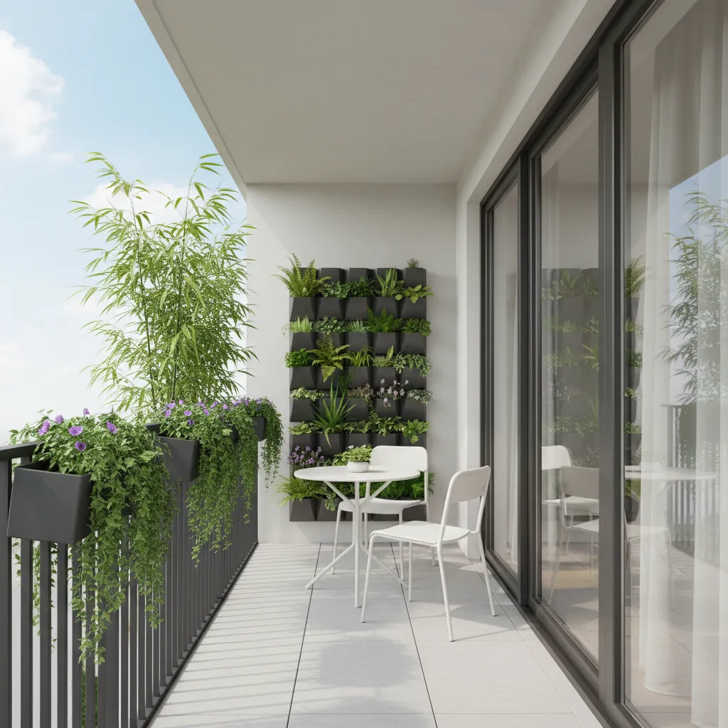 Layered plants arrangement in a small balcony space