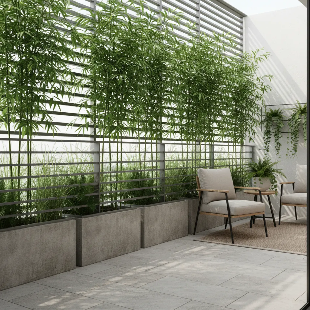 Balcony with tall plants creating natural privacy screen