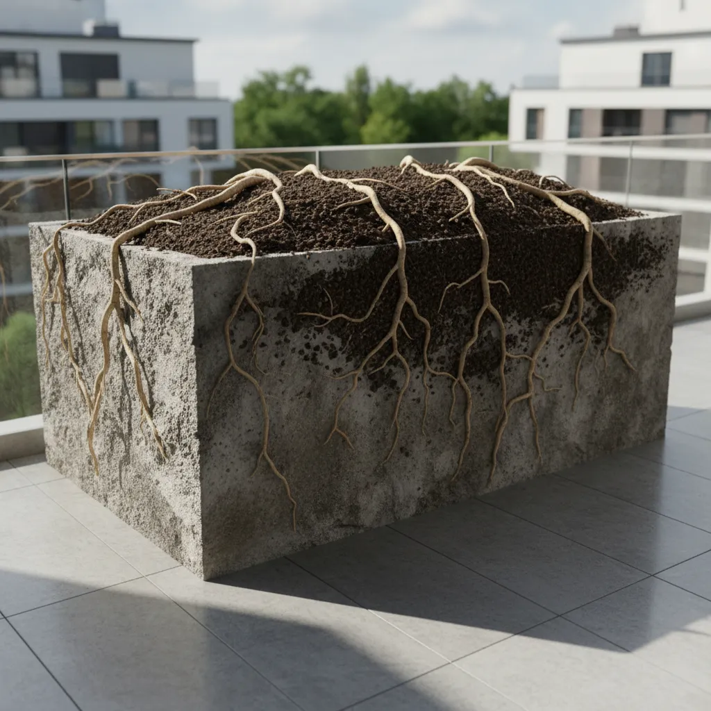 Large balcony planter filled with soil showing realistic weight and size