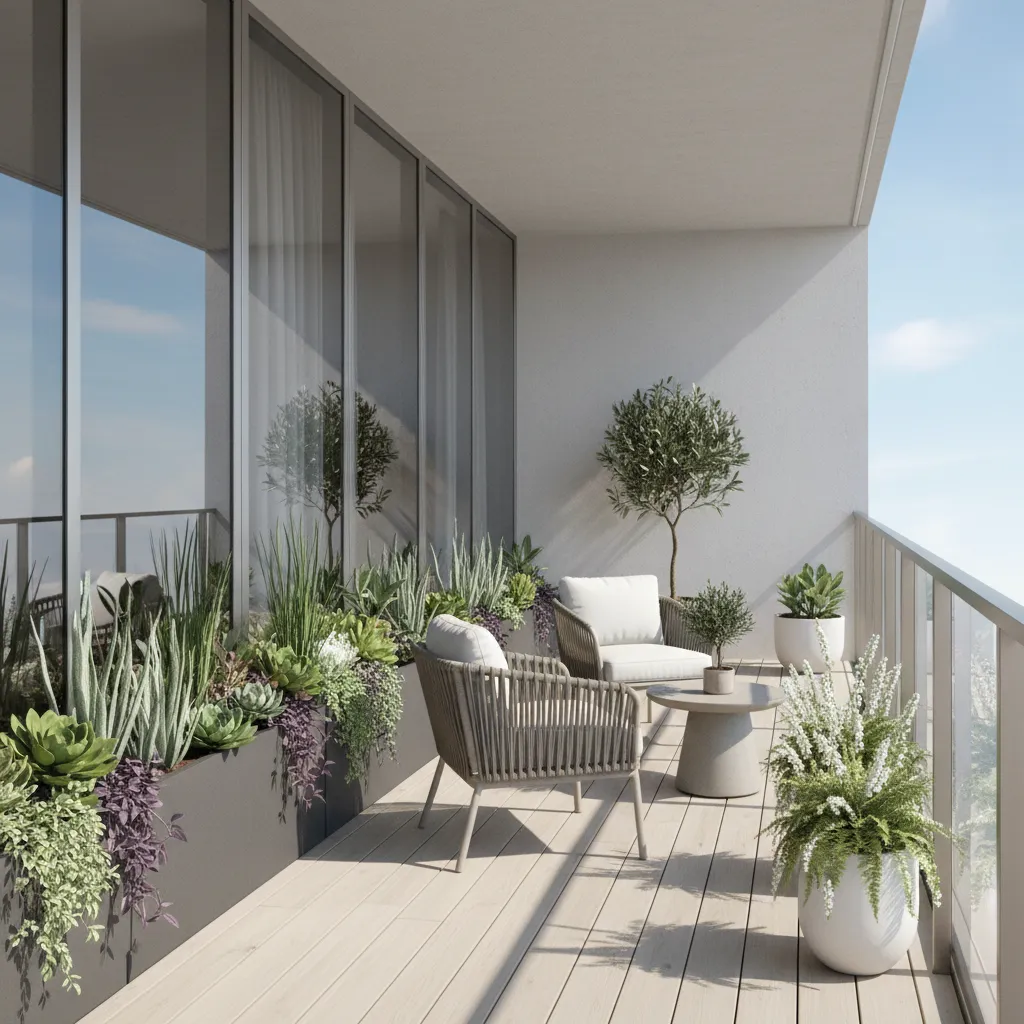 Balcony showing safe distribution of planters near wall instead of railing