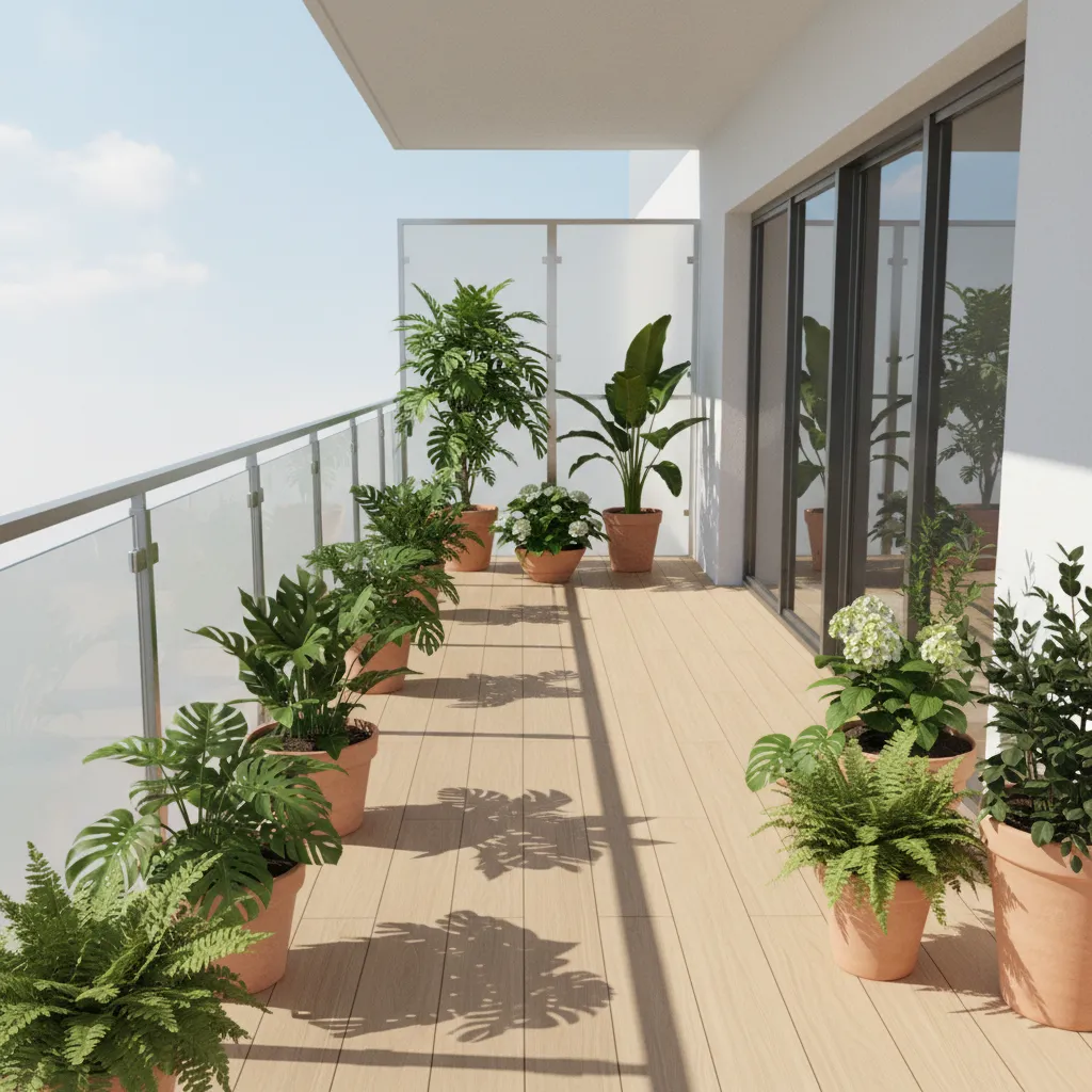 Balcony plants placed on light colored flooring with sunlight