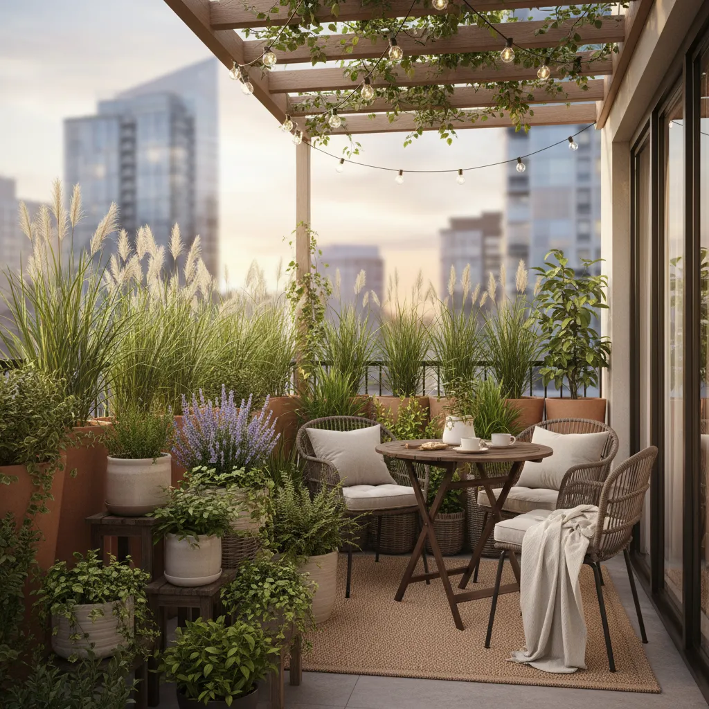 apartment balcony with layered plants creating privacy