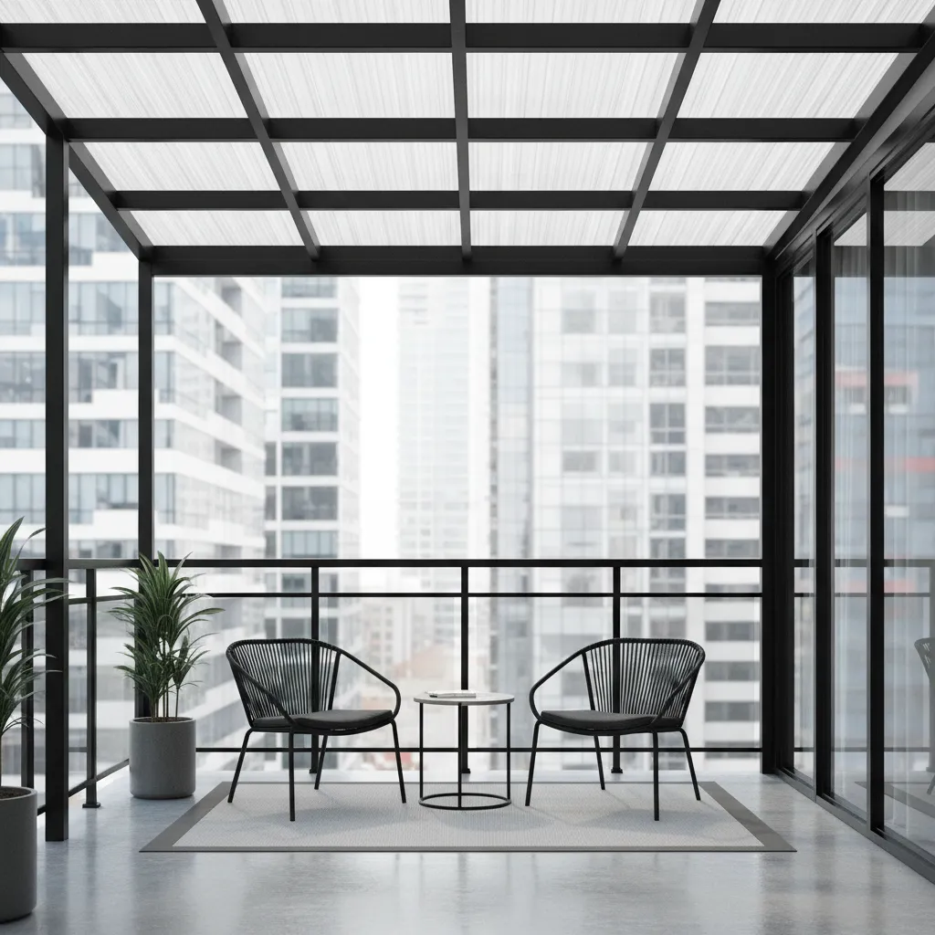 Balcony with metal frame and transparent polycarbonate roof panels