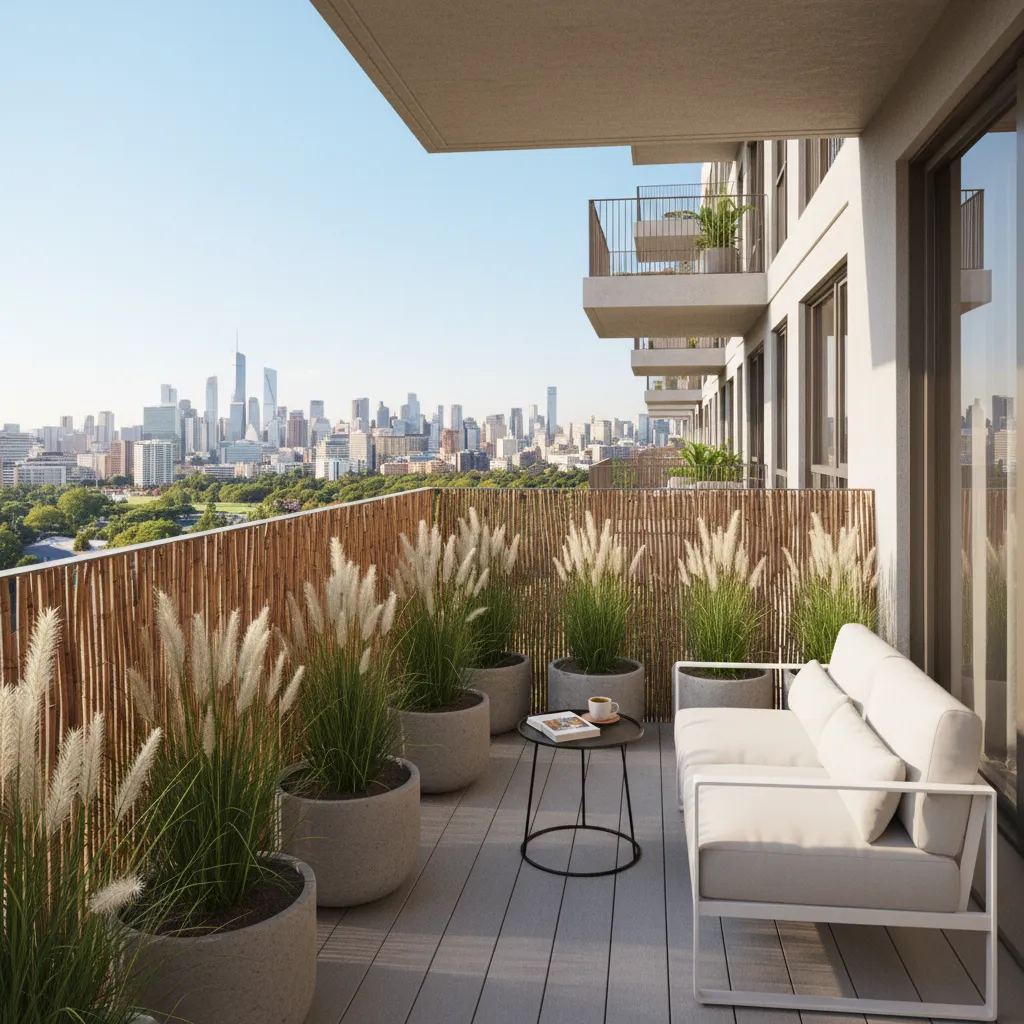 Apartment balcony with privacy plants and bamboo screen
