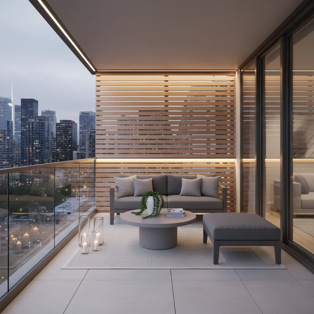 balcony privacy screen with wood slats and plants