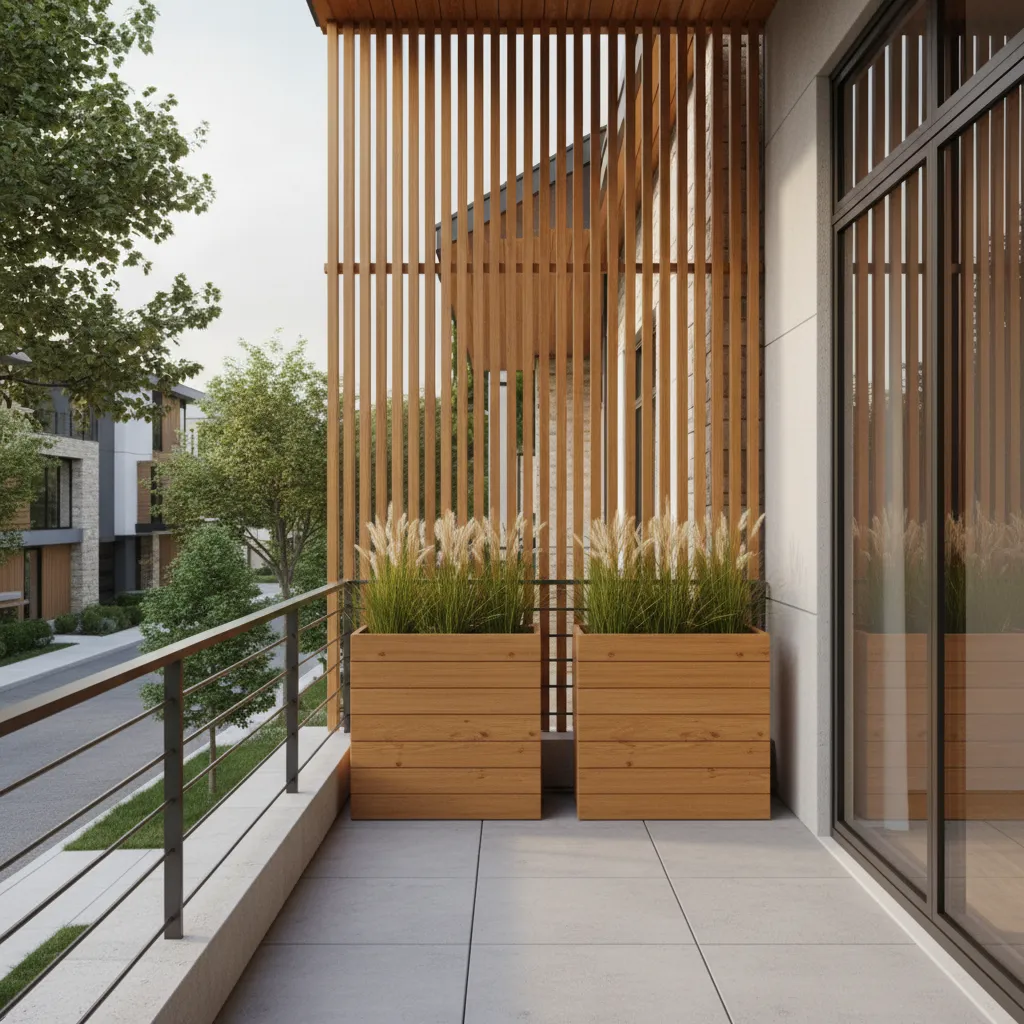 Front balcony with wooden slat privacy screen and plants