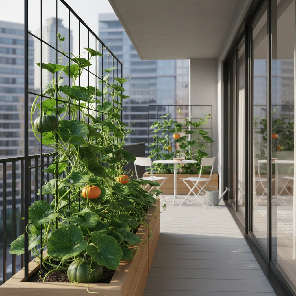 Apartment balcony with large containers growing pumpkin vines in sunlight