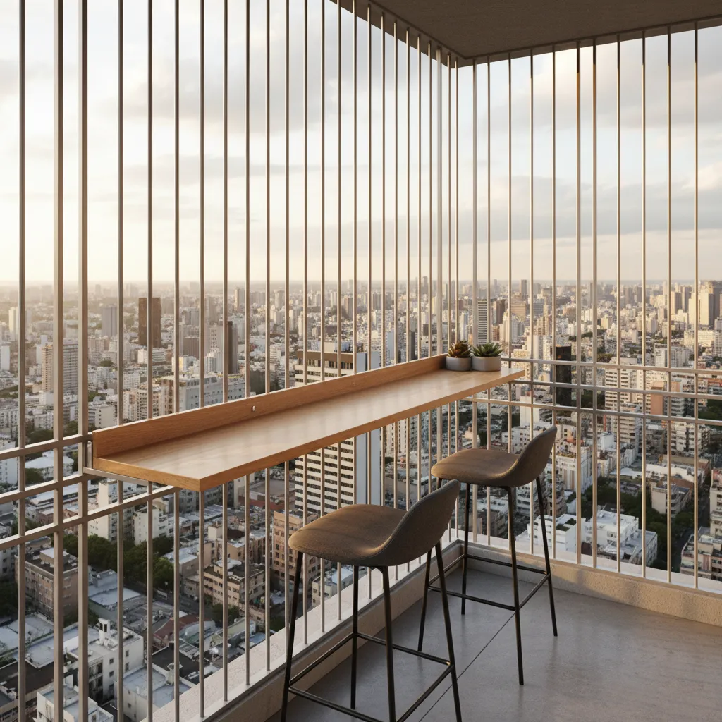 small apartment balcony railing with fold down bar counter