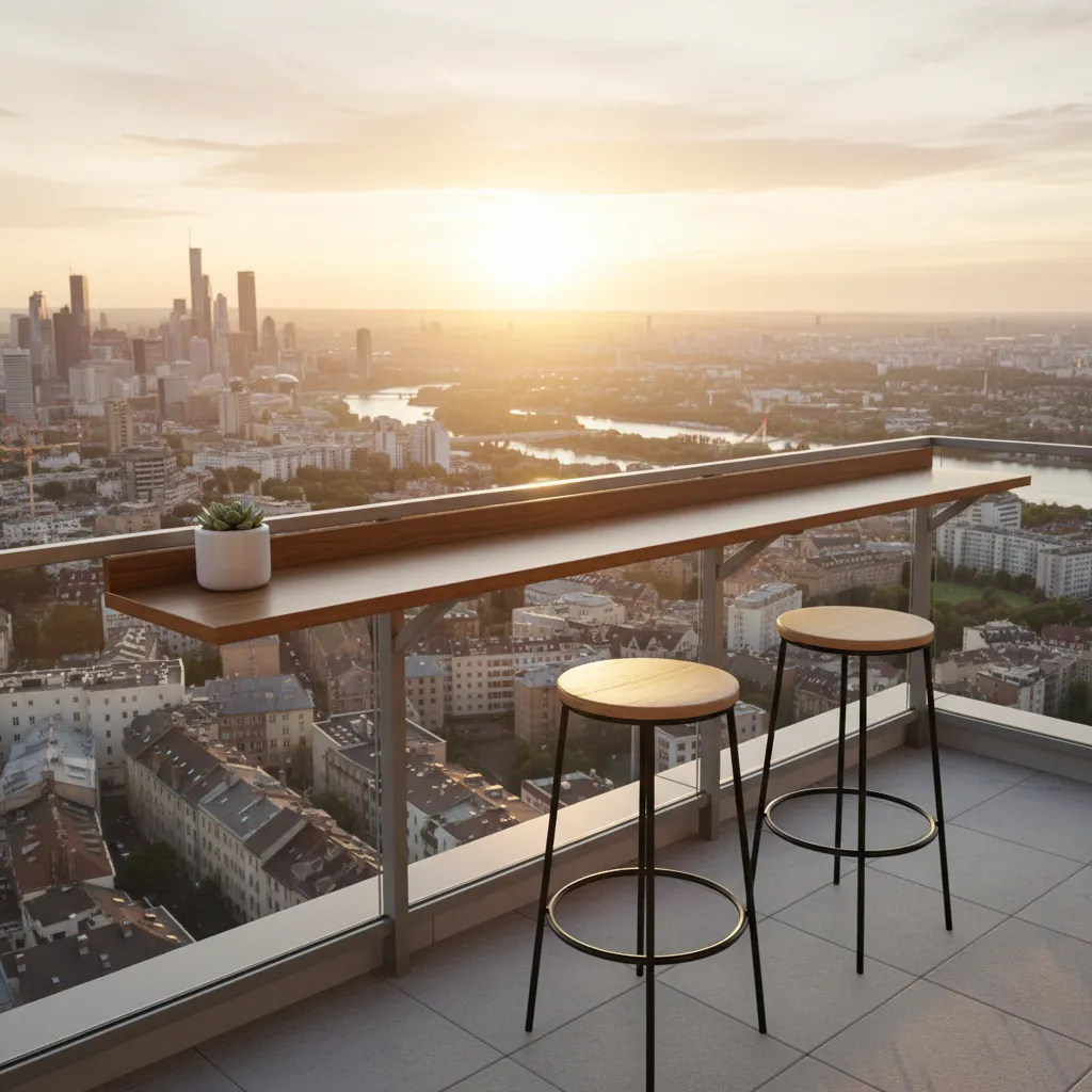 balcony railing converted into slim wooden bar ledge with stools