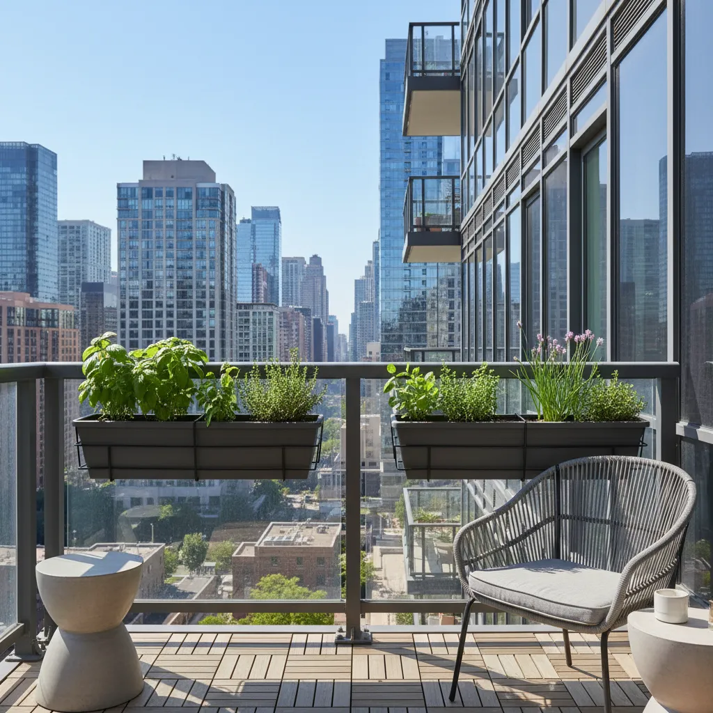 herb planters attached to a sunny apartment balcony railing