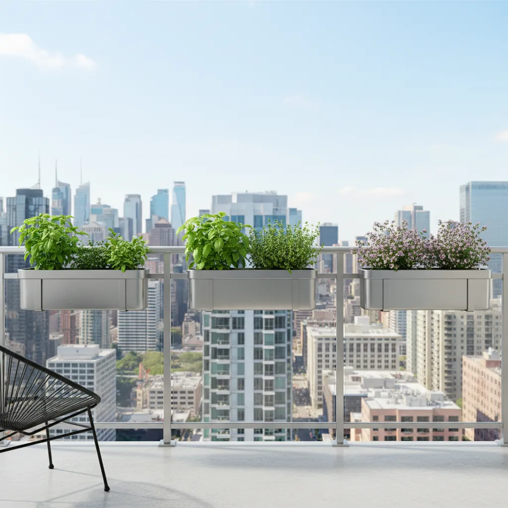 Herb planters mounted on apartment balcony railing