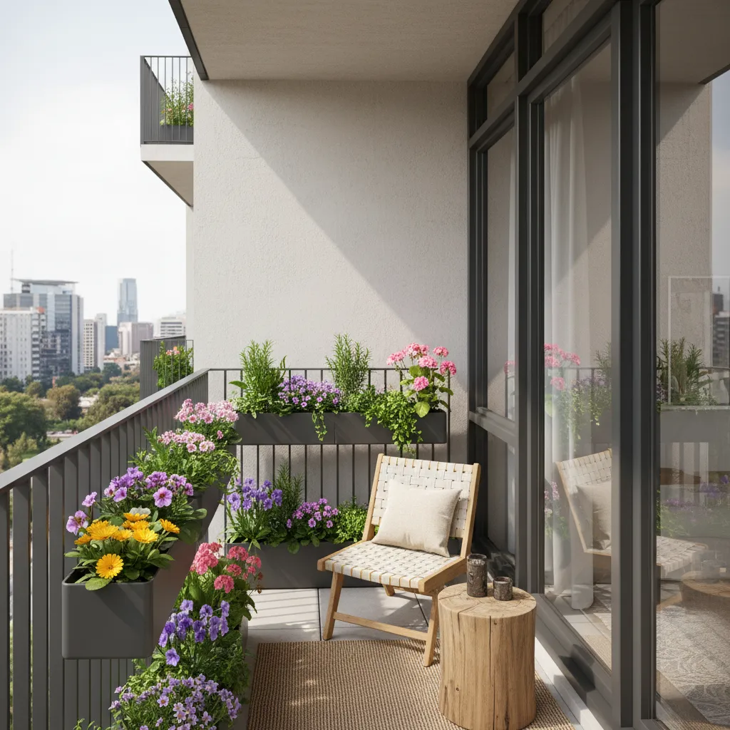 Balcony railing with hanging planter boxes and flowers