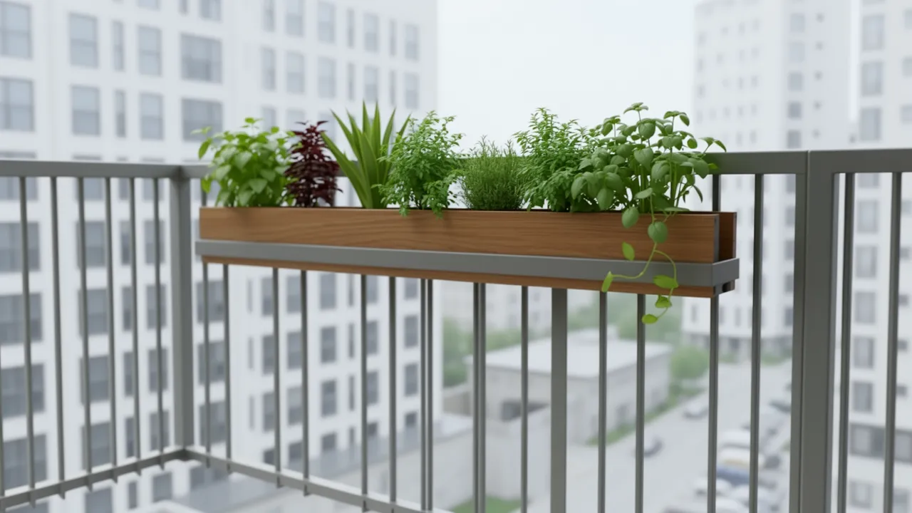 Apartment balcony railing with mounted planter boxes growing herbs