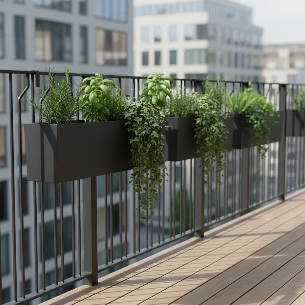 balcony railing with planter boxes filled with herbs and trailing plants