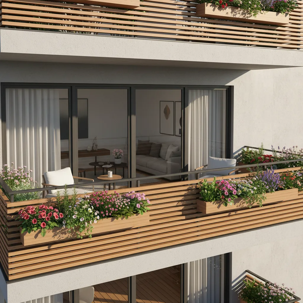 Railing planters and wall planters arranged on balcony deck