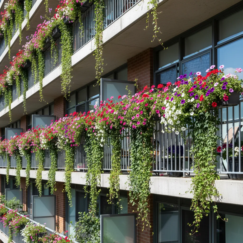 Balcony railing with colorful planter boxes and flowers