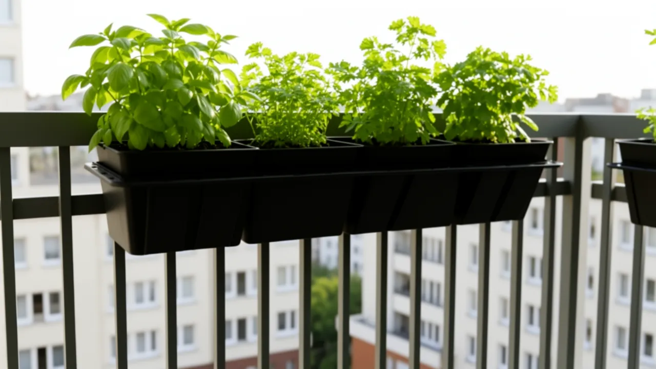 Balcony railing with herb planters and compact vegetable containers