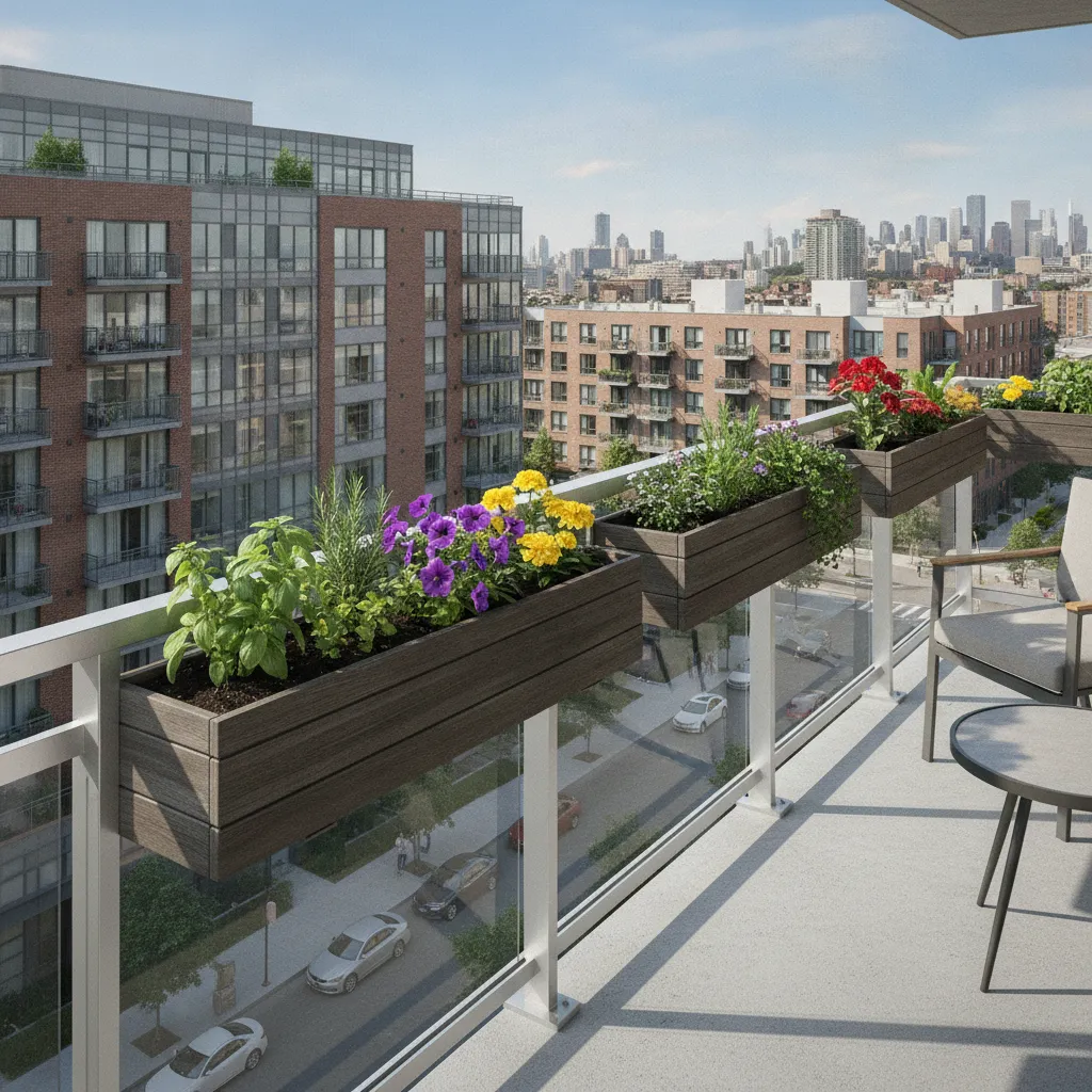 balcony railing planters filled with herbs and flowers in a small apartment setting