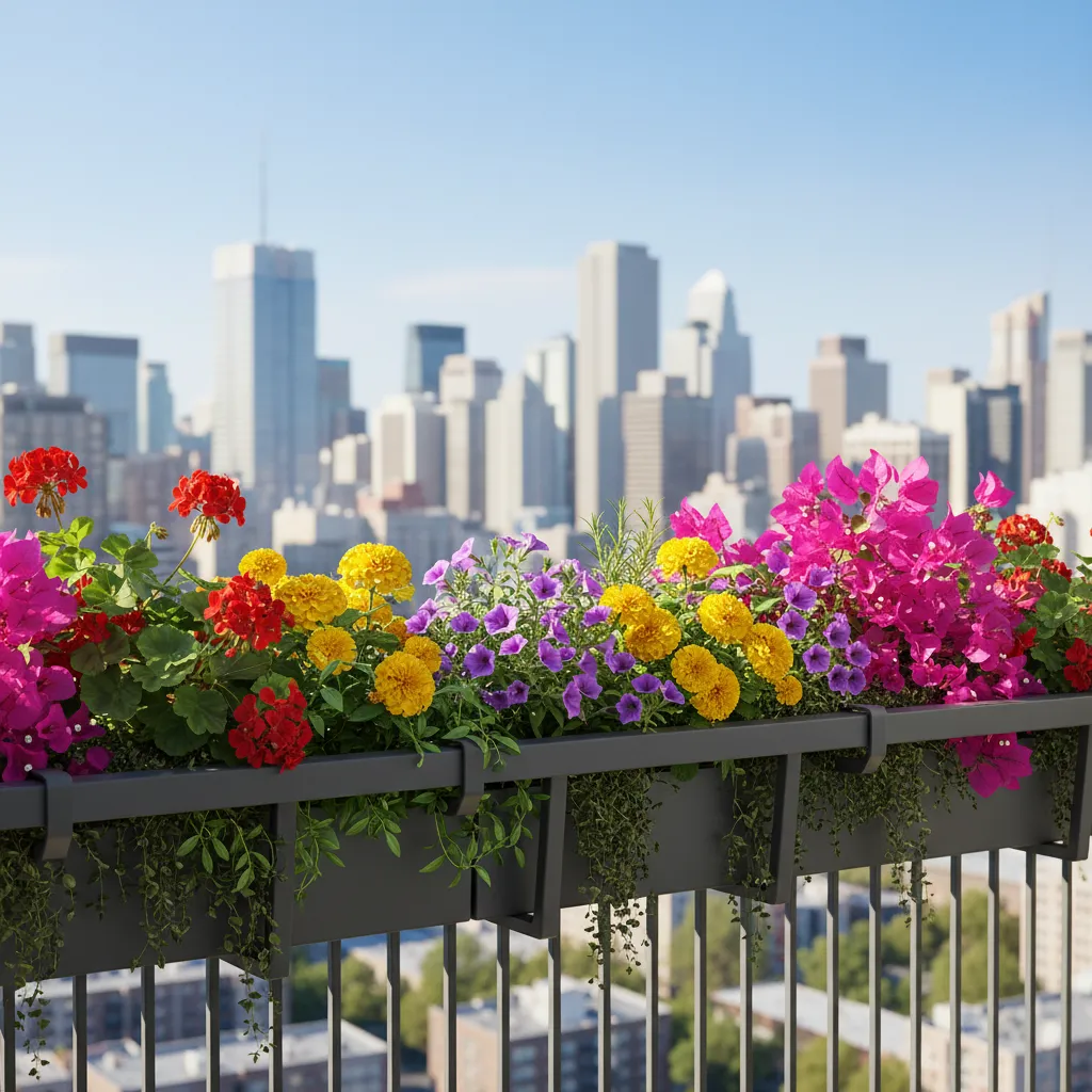 Balcony railing planters filled with flowers and herbs