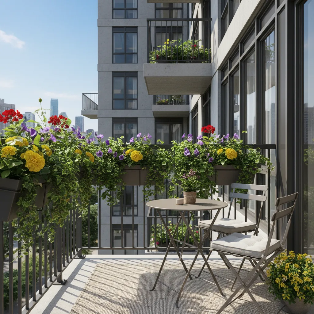 apartment balcony railing with mounted planters and greenery