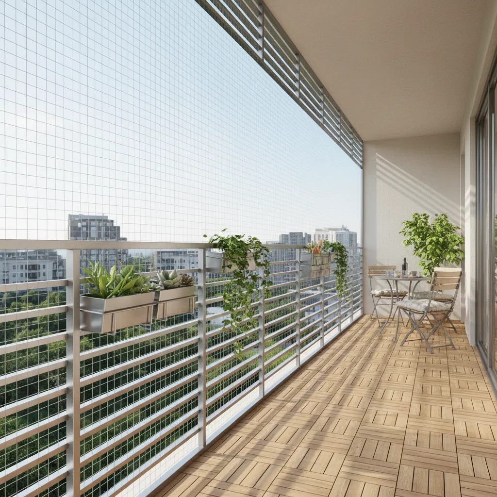 Apartment balcony railing with transparent child safety mesh