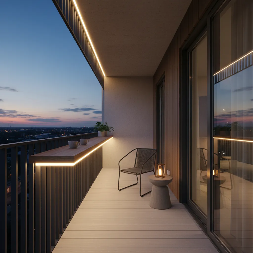 Balcony railing with narrow shelf counter and LED lighting