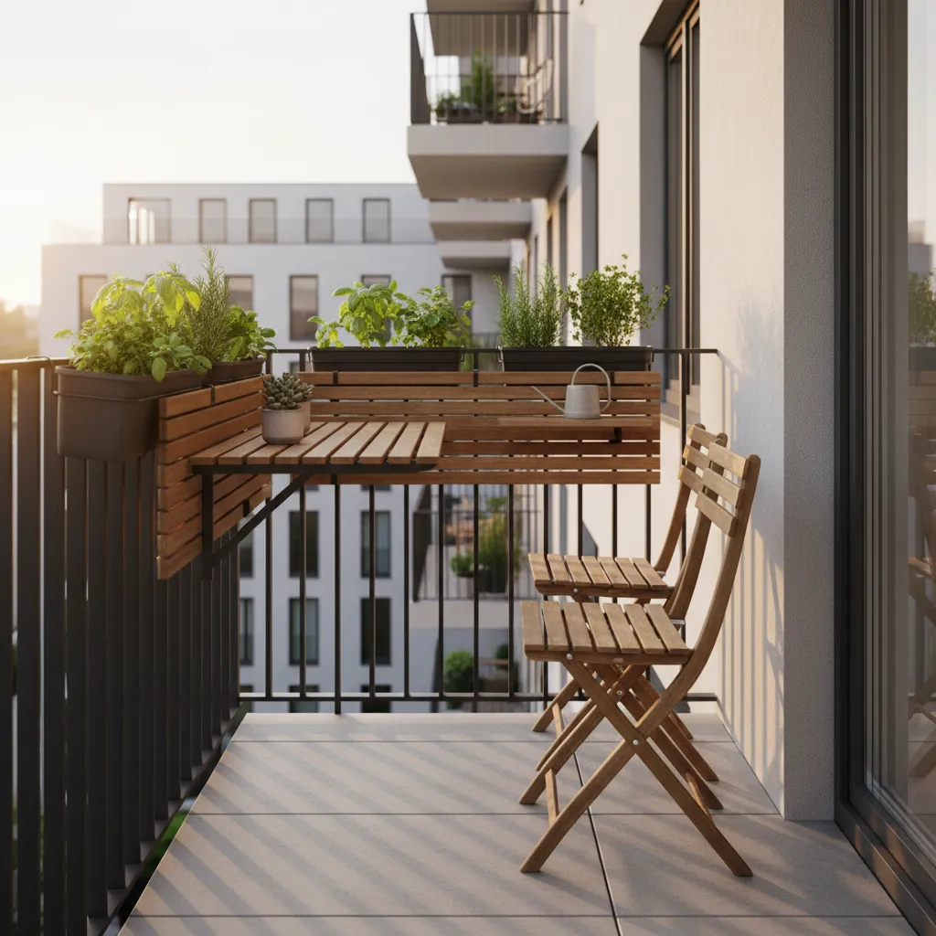 Foldable railing table and railing planters on a narrow balcony