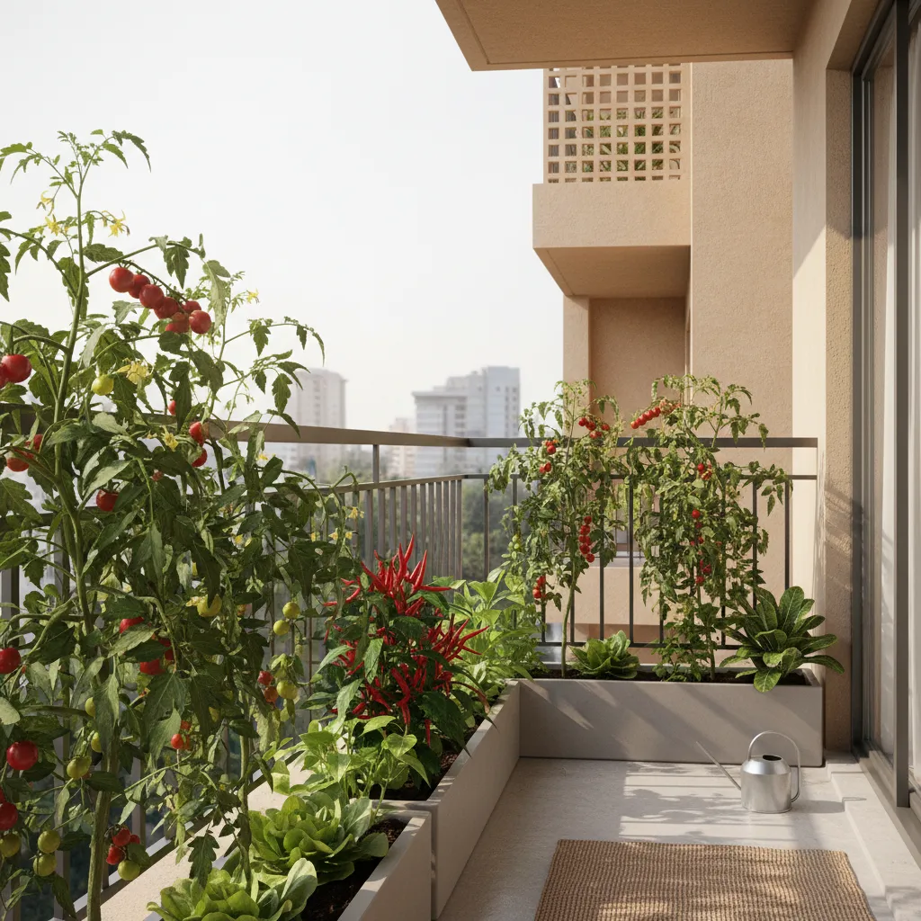 vegetable plants growing in balcony railing planters