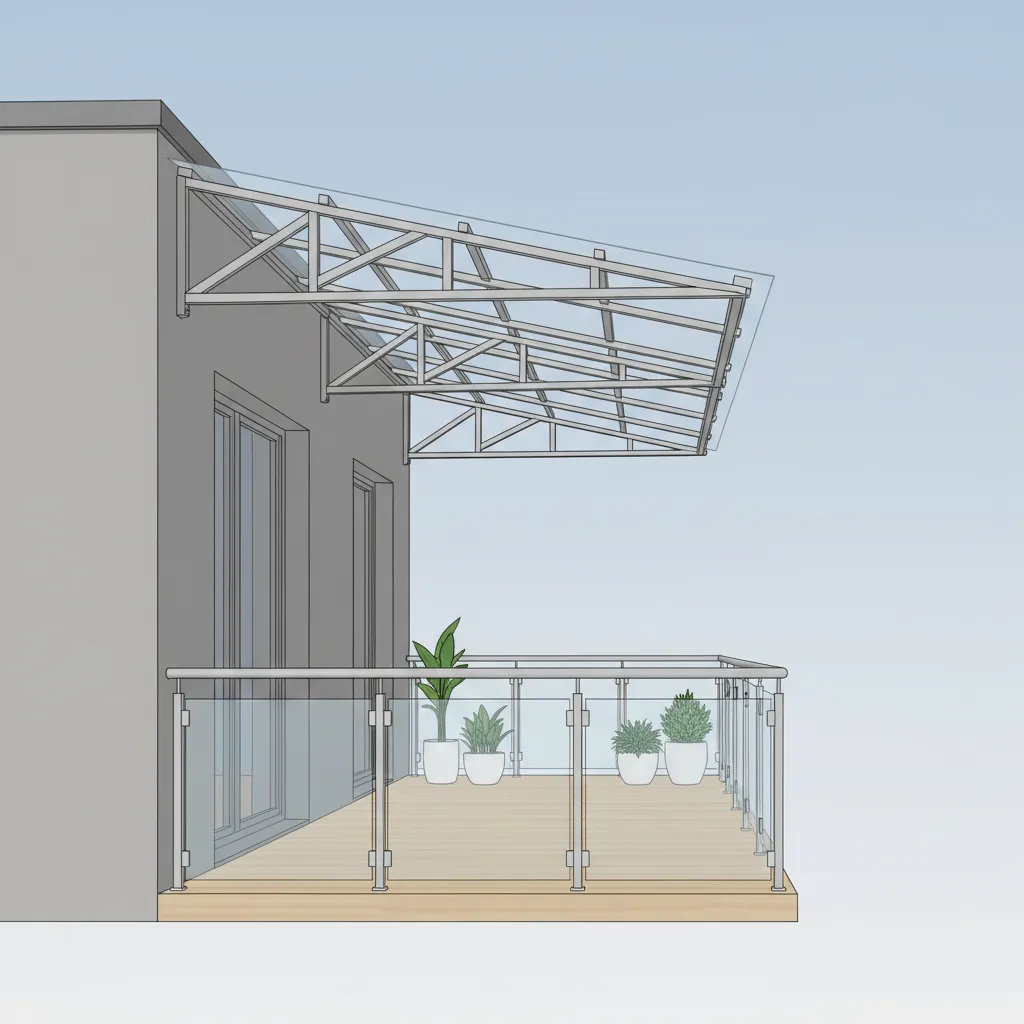 Diagram style view showing balcony roof structure and support framing