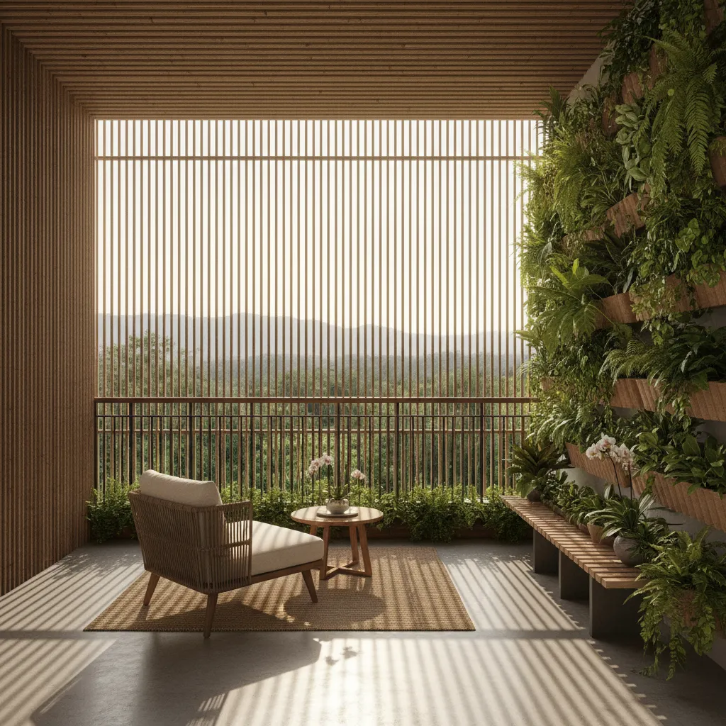 Balcony with bamboo blinds and plants providing shade
