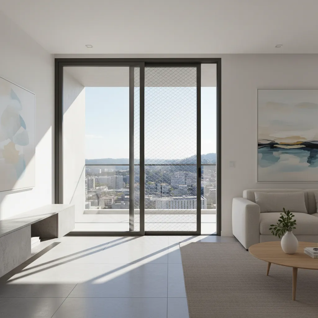 Modern apartment balcony with sliding mesh door and glass panels
