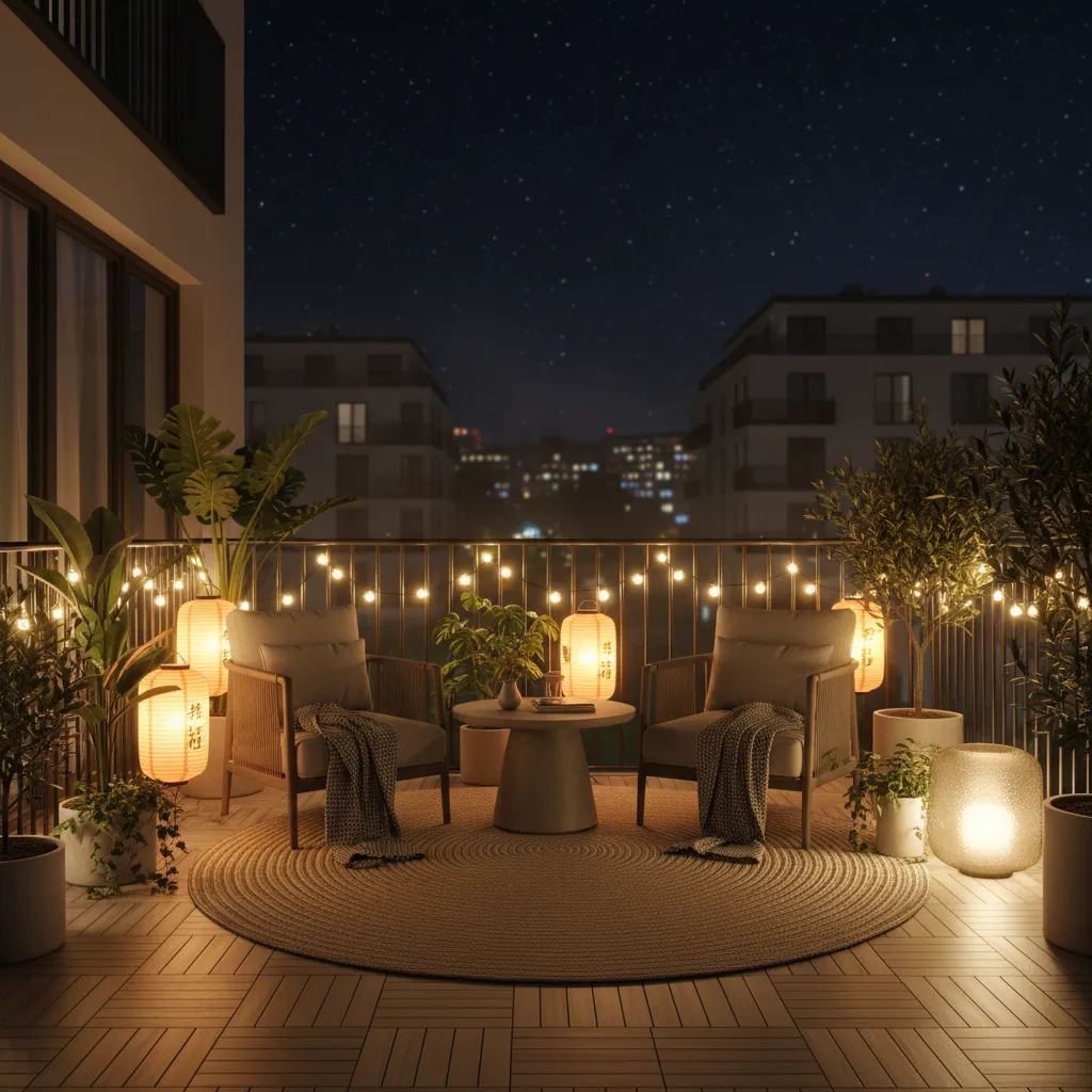 Ground floor balcony with warm string lights and lanterns at night