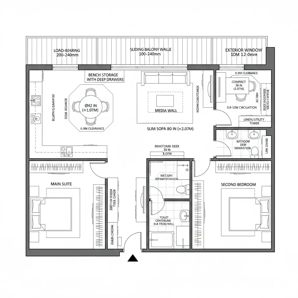 Two bedroom apartment floor plan showing kitchen dining area living room two bathrooms and large balcony