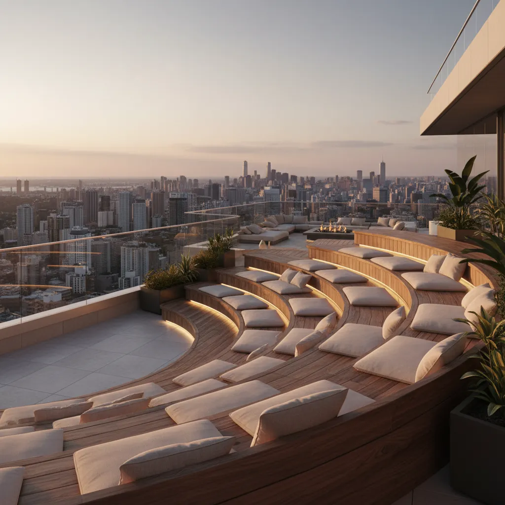 Wide wooden balcony steps used as seating area