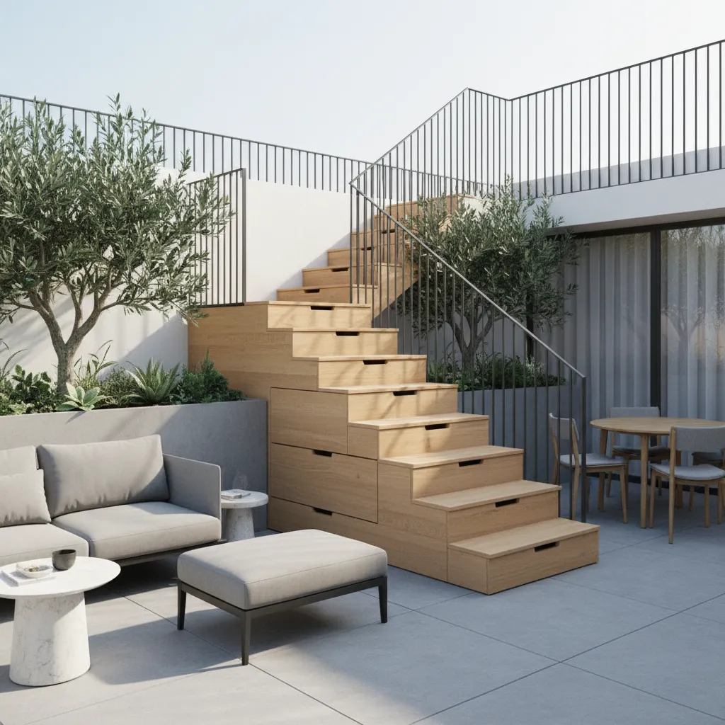 Outdoor staircase with hidden storage drawers in steps
