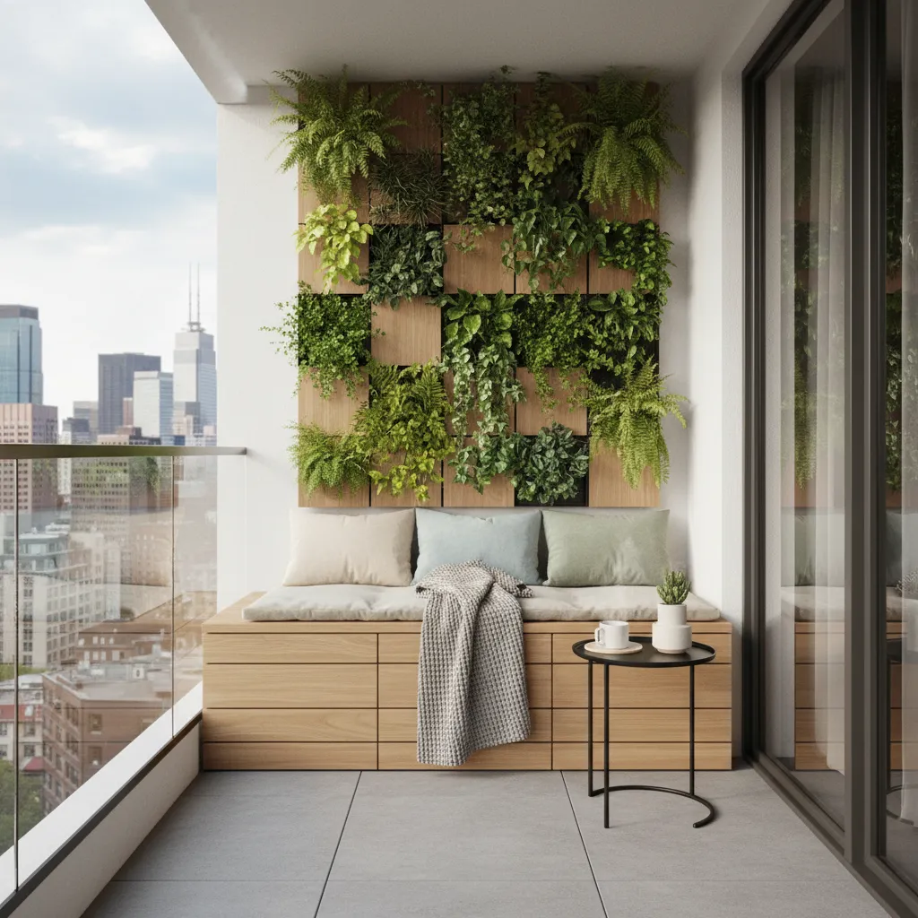Small balcony with built in storage bench and vertical plants