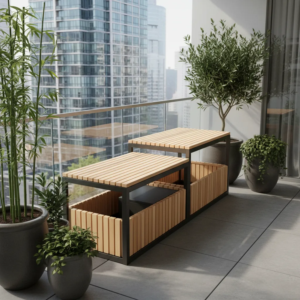 Outdoor bench with hidden storage on landscaped apartment balcony