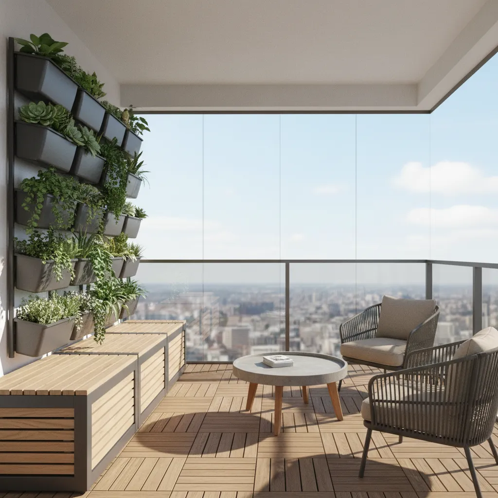 Balcony storage bench with vertical planters and compact seating
