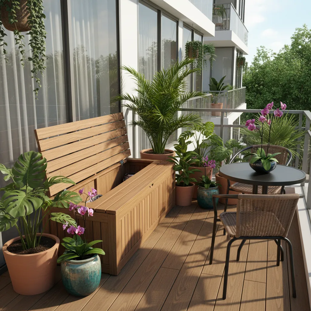 small balcony bench with hidden storage and plants