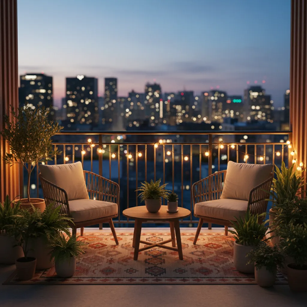 Apartment balcony decorated with warm string lights and seating