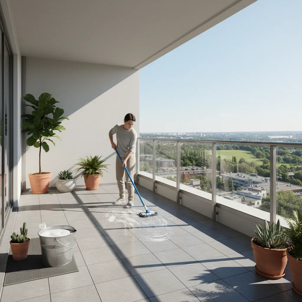 Cleaning a balcony floor with mop and mild soap solution
