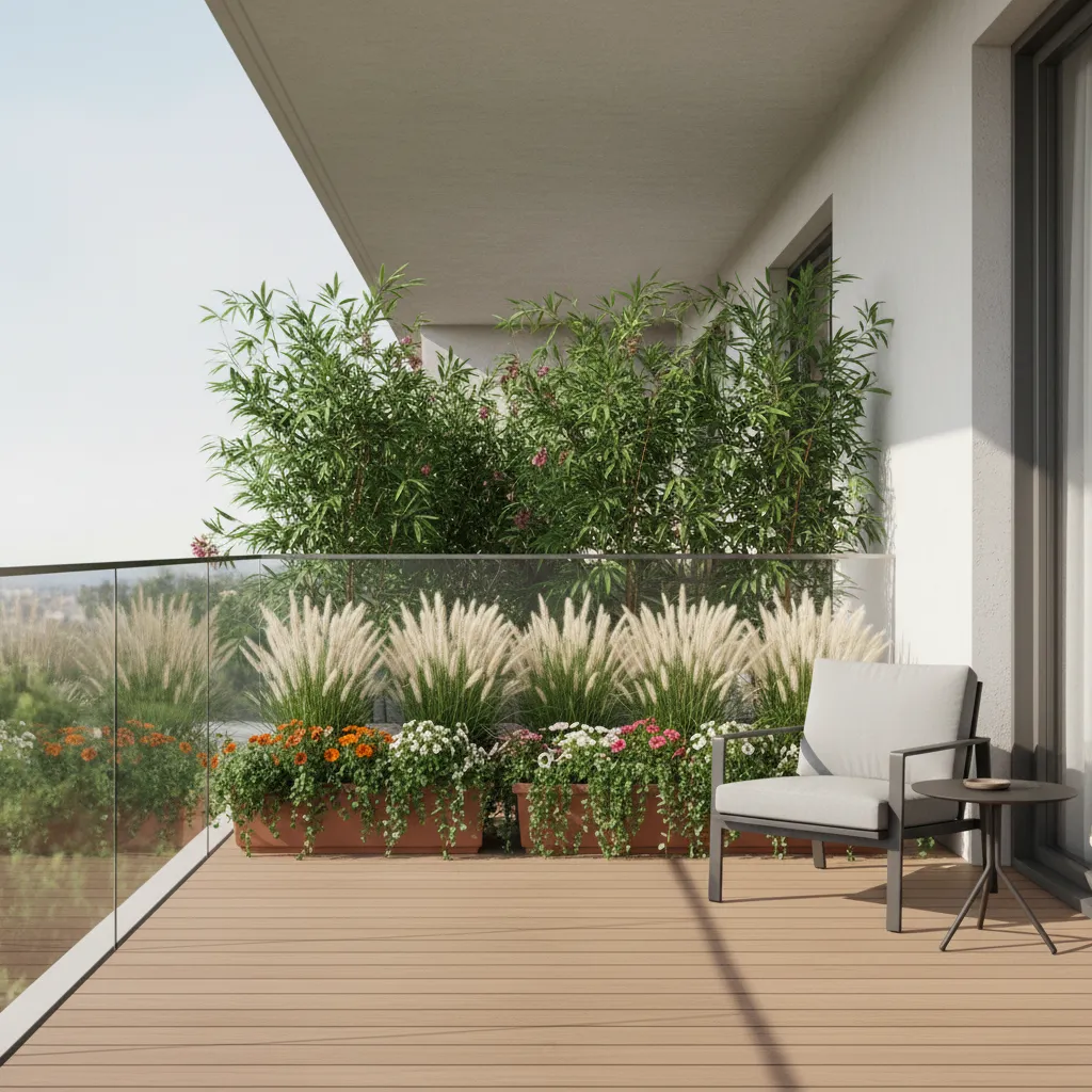 Balcony plant layout creating wind protection with layered containers