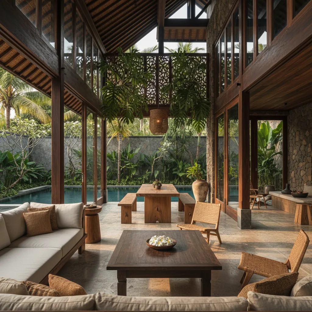 Open plan living area with wooden dining table, swimming pool view, plants, and high windows