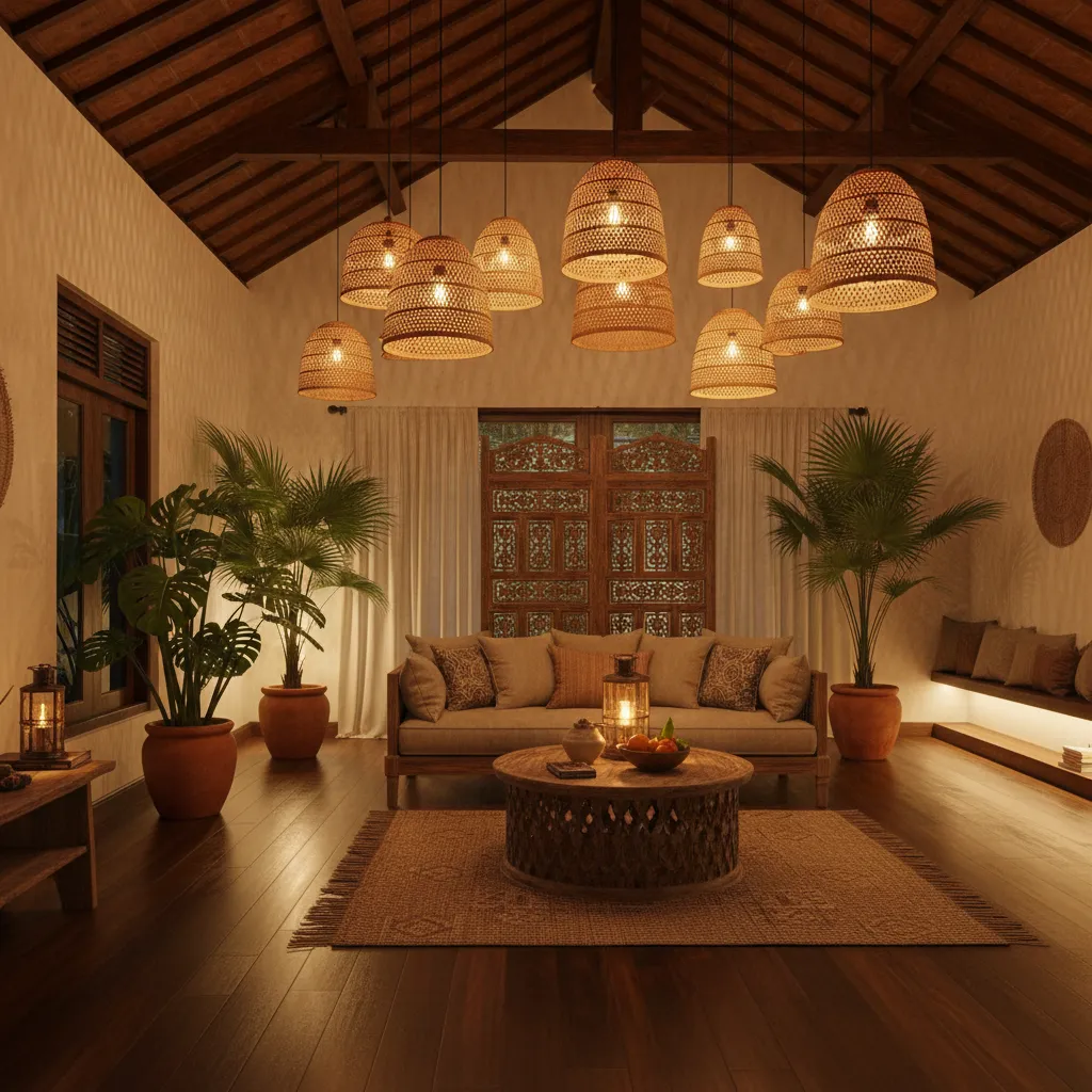 Cozy living room with many woven ceiling lights, wooden coffee table, sofa, and large plants