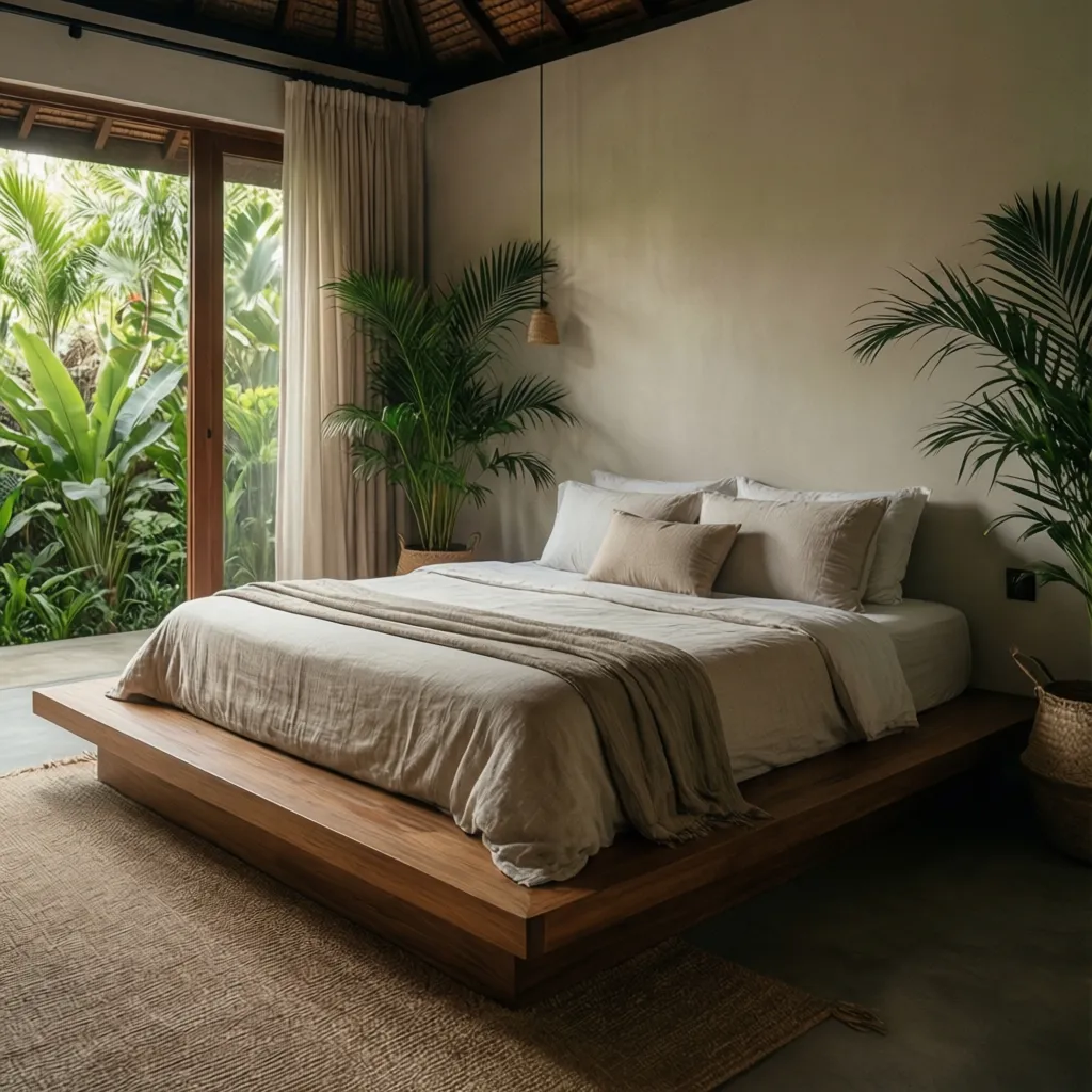 Minimalist bedroom featuring wood platform bed cream bedding indoor plant and view of green garden