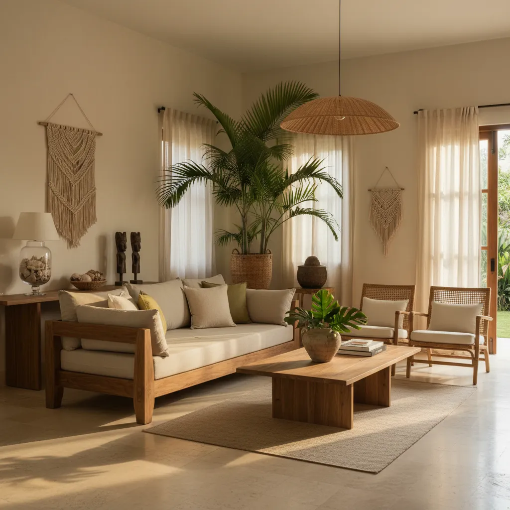 Tropical living room with wooden sofa, coffee table, large plant, woven ceiling light, and curtains